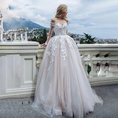 Vestidos de noiva de luxo NumberSea com mangas compridas 2024, corte A, decote em V, aplicações de renda, comprimento até ao chão