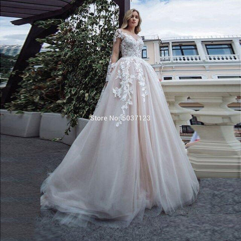Vestidos de noiva de luxo NumberSea com mangas compridas 2024, corte A, decote em V, aplicações de renda, comprimento até ao chão
