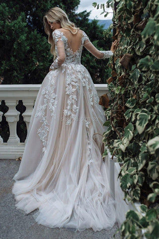 Vestidos de noiva de luxo NumberSea com mangas compridas 2024, corte A, decote em V, aplicações de renda, comprimento até ao chão
