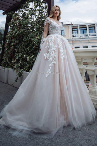 Vestidos de noiva de luxo NumberSea com mangas compridas 2024, corte A, decote em V, aplicações de renda, comprimento até ao chão