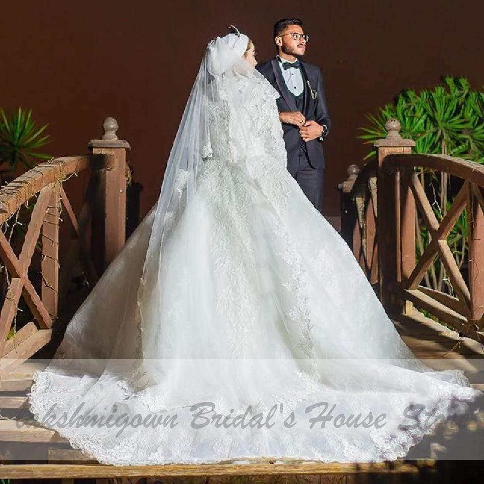 NumberSea Luxury Muslim Wedding Dresses Long Sleeve Vintage Lace Beade