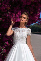 NumberSea Luxury Satin A Line Wedding Dresses with Pockets Top Full Beads Scoop Cap Sleeves Long Pleated Bridal Gowns Vestidos Noiva