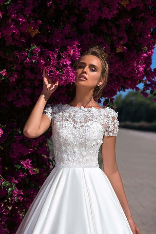 NumberSea Luxus Satin A-Linie Brautkleider mit Taschen Top Volle Perlen Rundhalsausschnitt Flügelärmeln Lange Plissee Brautkleider Vestidos Noiva