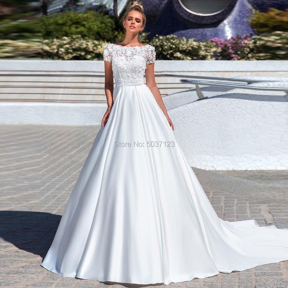 NumberSea Luxury Satin A Line Wedding Dresses with Pockets Top Full Beads Scoop Cap Sleeves Long Pleated Bridal Gowns Vestidos Noiva