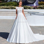 NumberSea Luxury Satin A Line Wedding Dresses with Pockets Top Full Beads Scoop Cap Sleeves Long Pleated Bridal Gowns Vestidos Noiva