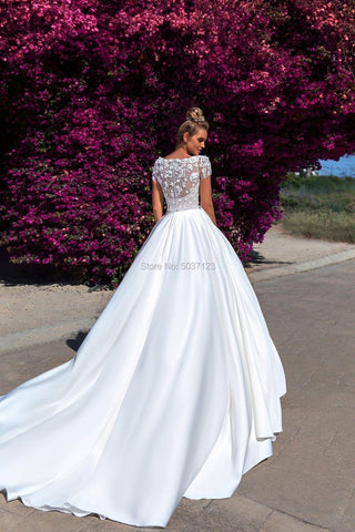 NumberSea Luxus Satin A-Linie Brautkleider mit Taschen Top Volle Perlen Rundhalsausschnitt Flügelärmeln Lange Plissee Brautkleider Vestidos Noiva