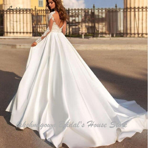 NumberSea Luxus Satin Brautkleid Langarm Transparent Illusion Spitze Top