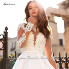 NumberSea Luxury Satin Wedding Dress Long Sleeve Sheer Illusion Lace Top