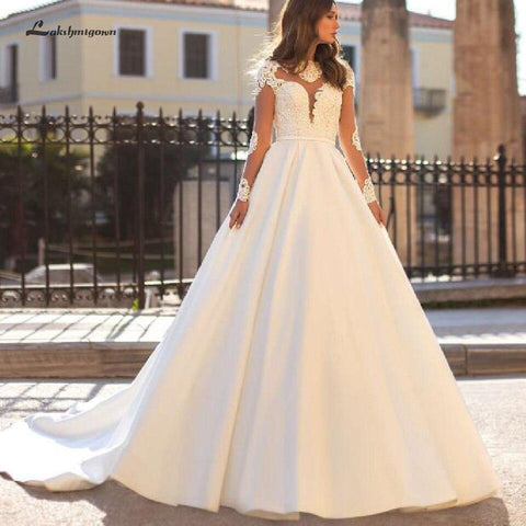 NumberSea Luxus Satin Brautkleid Langarm Transparent Illusion Spitze Top