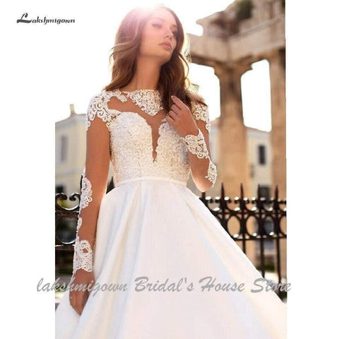 NumberSea Luxus Satin Brautkleid Langarm Transparent Illusion Spitze Top