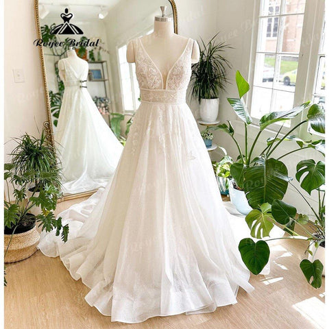 NumberSea Luxus Shiny Glitter Tiefer V-ausschnitt Spitze Hochzeit Kleid für Frauen 2025 Ärmelloses Brautkleid Nach Maß vestido de casamento 