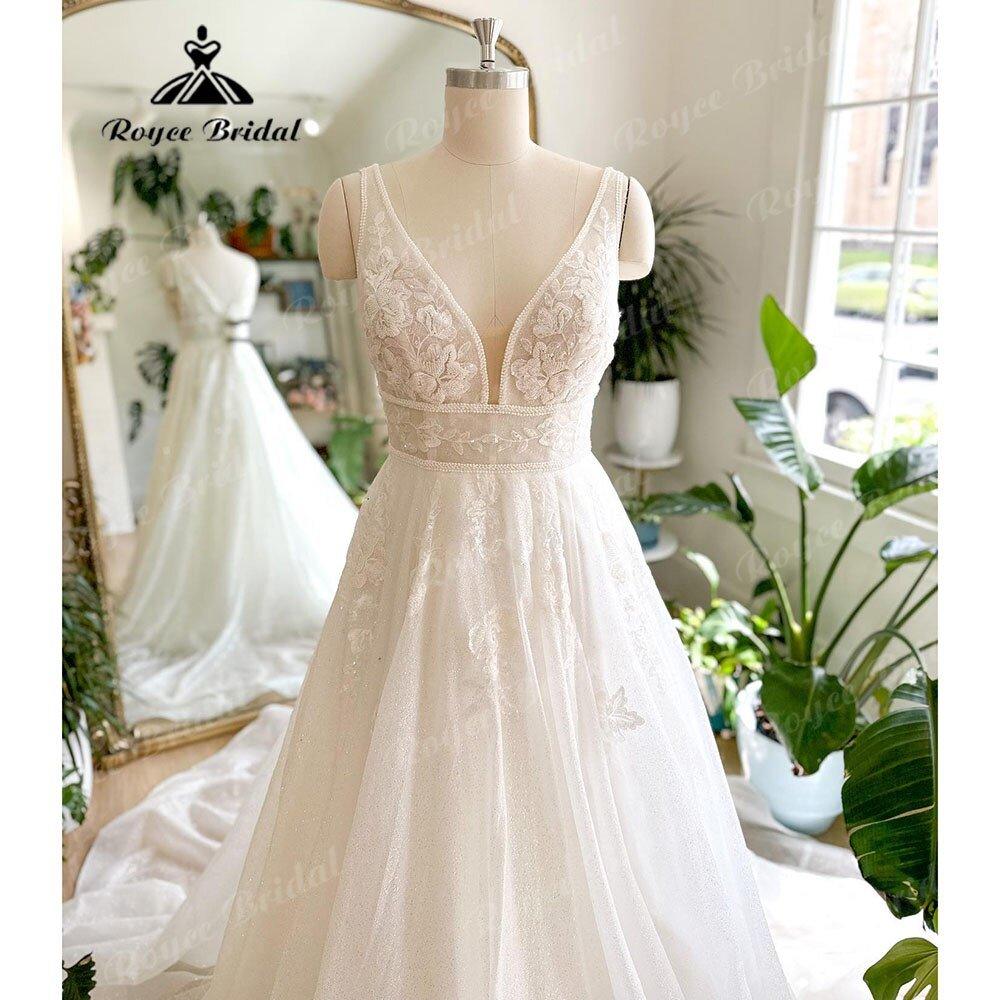 NumberSea Luxury Shiny Glitter Plunging V Neck Lace Wedding Dress for Women 2025 Sleeveless Bridal Gown Custom Made vestido de casamento