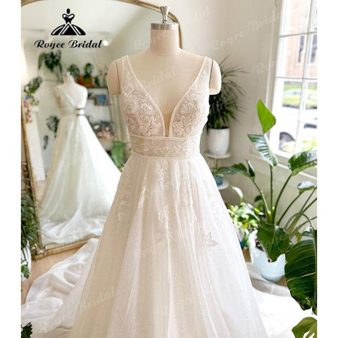 NumberSea Luxus Shiny Glitter Tiefer V-ausschnitt Spitze Hochzeit Kleid für Frauen 2025 Ärmelloses Brautkleid Nach Maß vestido de casamento 