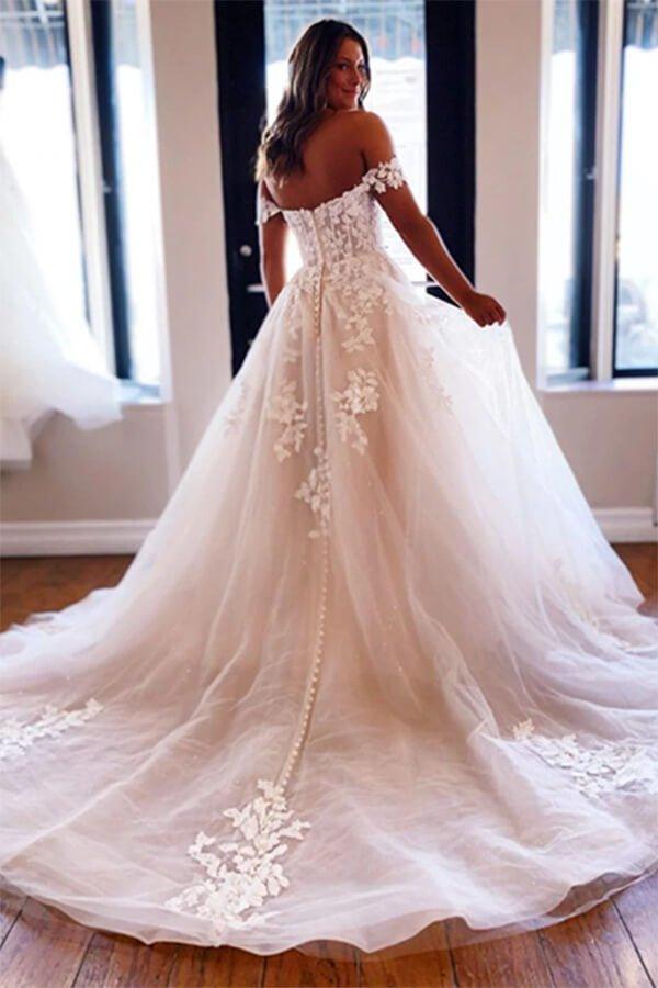 NumberSea Luxury Tulle A-line Off Shoulder Wedding Dresses With Lace Appliques, MW650