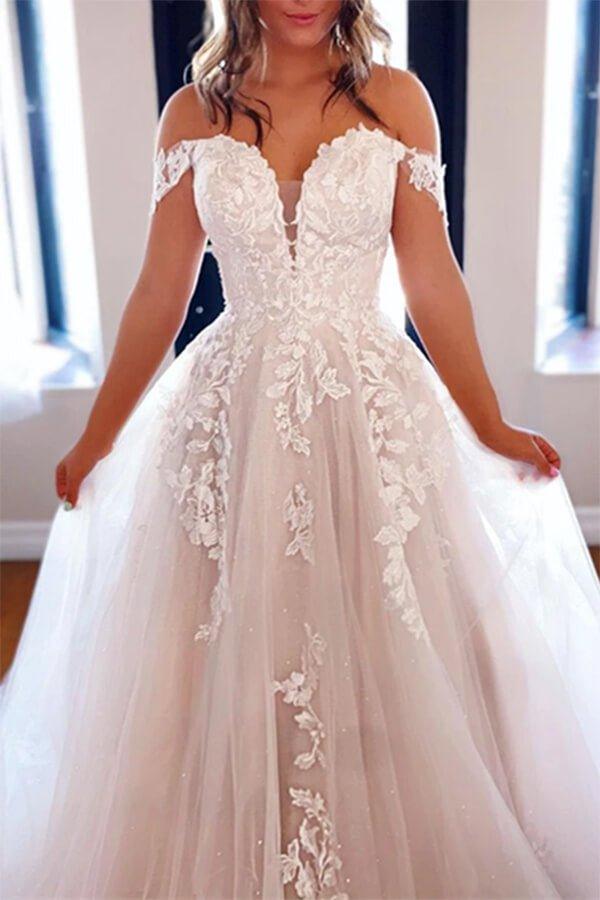 NumberSea Luxury Tulle A-line Off Shoulder Wedding Dresses With Lace Appliques, MW650