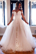 NumberSea Luxury Tulle A-line Off Shoulder Wedding Dresses With Lace Appliques, MW650