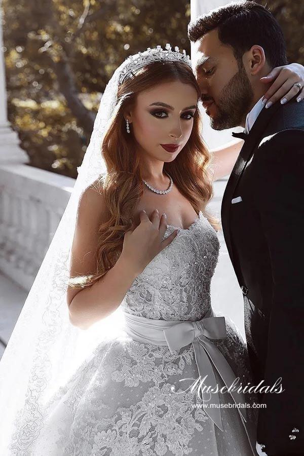 NumberSea Luxury Tulle Ball Gown Sweetheart Wedding Dresses With Lace Appliques, MW987