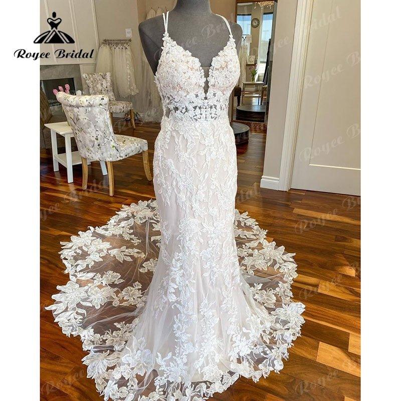 NumberSea Luxury V Neck Lace Appliques Spaghetti Straps Wedding Dress Mermaid/Trumpet Court Train Vestido De Novia Wedding Gowns for Women