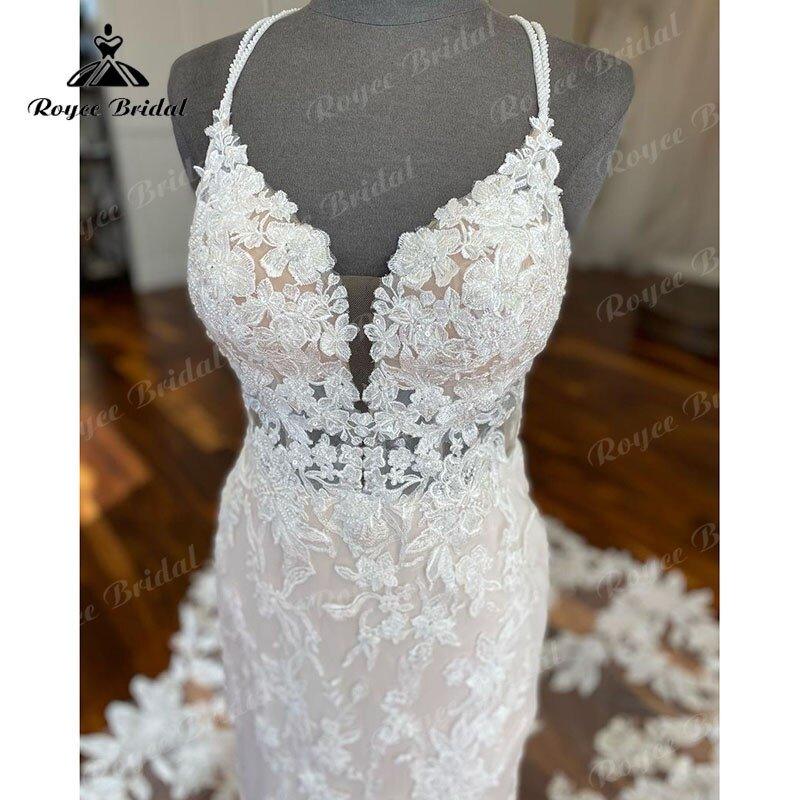 NumberSea Luxury V Neck Lace Appliques Spaghetti Straps Wedding Dress Mermaid/Trumpet Court Train Vestido De Novia Wedding Gowns for Women