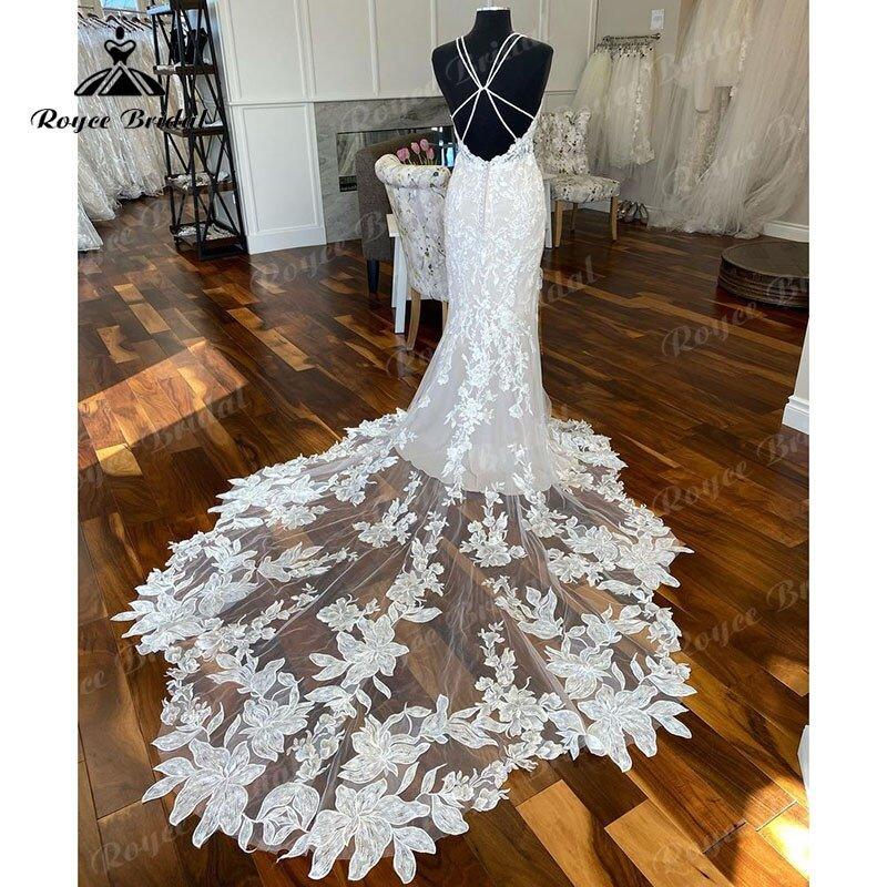 NumberSea Luxury V Neck Lace Appliques Spaghetti Straps Wedding Dress Mermaid/Trumpet Court Train Vestido De Novia Wedding Gowns for Women