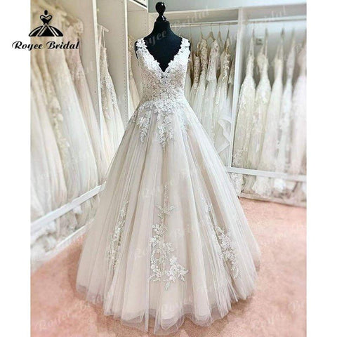 NumberSea Mariage trajes de novias largos A-linie Spitze Aplliqued V-ausschnitt Brautkleid Ärmelloses Rückenfreies Brautkleider vestido de novia 