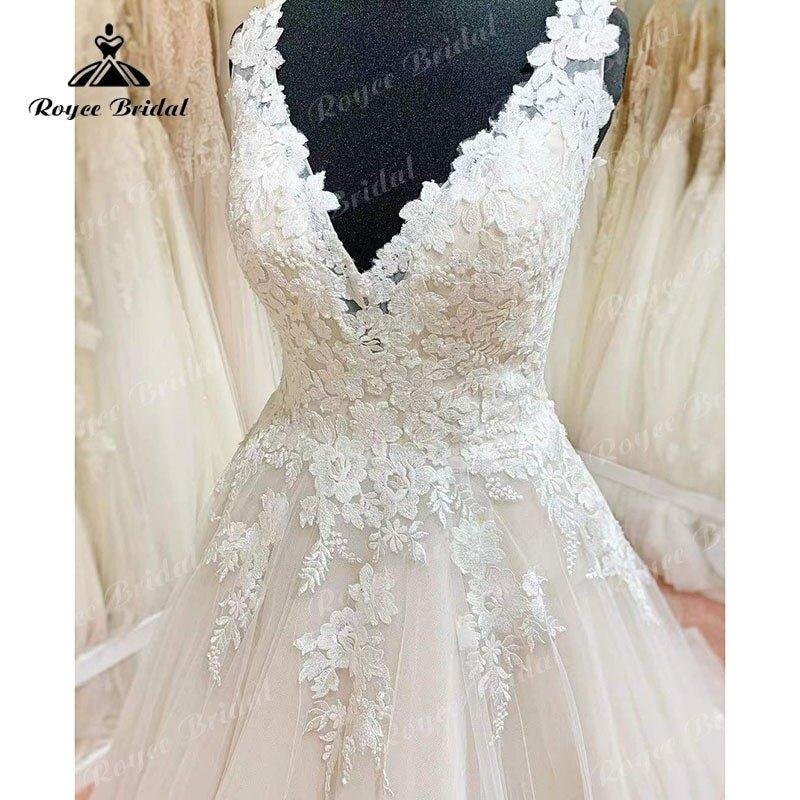 NumberSea Mariage trajes de novias largos A Line Lace Aplliqued V Neck Wedding Dress Sleeveless Backless Bridal Gowns vestido de novia