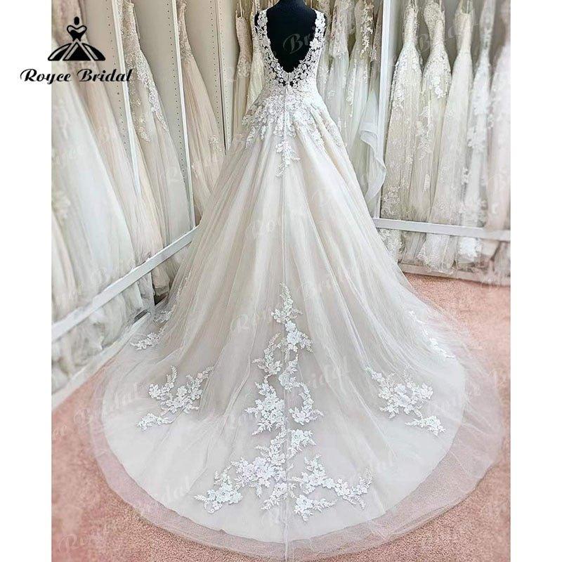 NumberSea Mariage trajes de novias largos A Line Lace Aplliqued V Neck Wedding Dress Sleeveless Backless Bridal Gowns vestido de novia