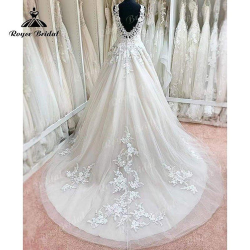 NumberSea Matrimonio abiti da sposa lunghi A Line Pizzo Applicato Scollatura a V Abito da Sposa Senza Maniche Senza Schiena Abiti da Sposa vestito da sposa