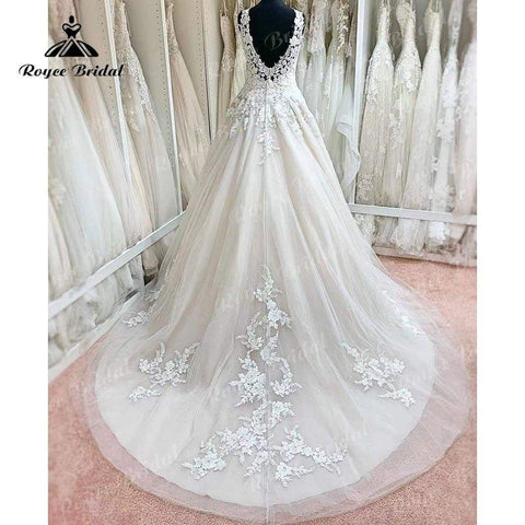 NumberSea Mariage trajes de novias largos A-linie Spitze Aplliqued V-ausschnitt Brautkleid Ärmelloses Rückenfreies Brautkleider vestido de novia 