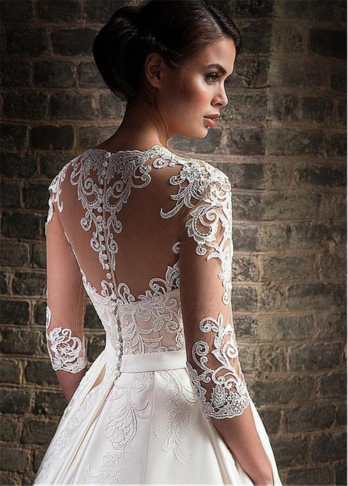 NumberSea Robe de mariée merveilleuse en satin avec encolure en V et coupe A, applications de dentelle, manches trois-quarts et poche - robe de bal de fin d'études