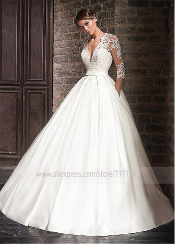 NumberSea Wunderbare Satin V-Ausschnitt A-Linie Brautkleider mit Spitzenapplikationen Halbarm Brautkleid mit Tasche Vestidos de Formatura