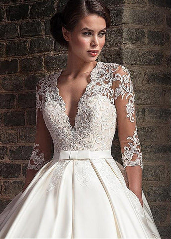 NumberSea Wunderbare Satin V-Ausschnitt A-Linie Brautkleider mit Spitzenapplikationen Halbarm Brautkleid mit Tasche Vestidos de Formatura