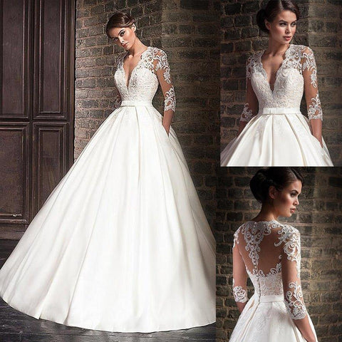 NumberSea Wunderbare Satin V-Ausschnitt A-Linie Brautkleider mit Spitzenapplikationen Halbarm Brautkleid mit Tasche Vestidos de Formatura