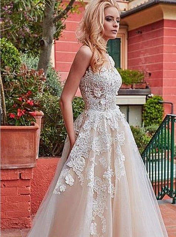 Maravilhoso vestido de noiva NumberSea, decote em A, tule, aplicações de renda e flores 3D, champanhe
