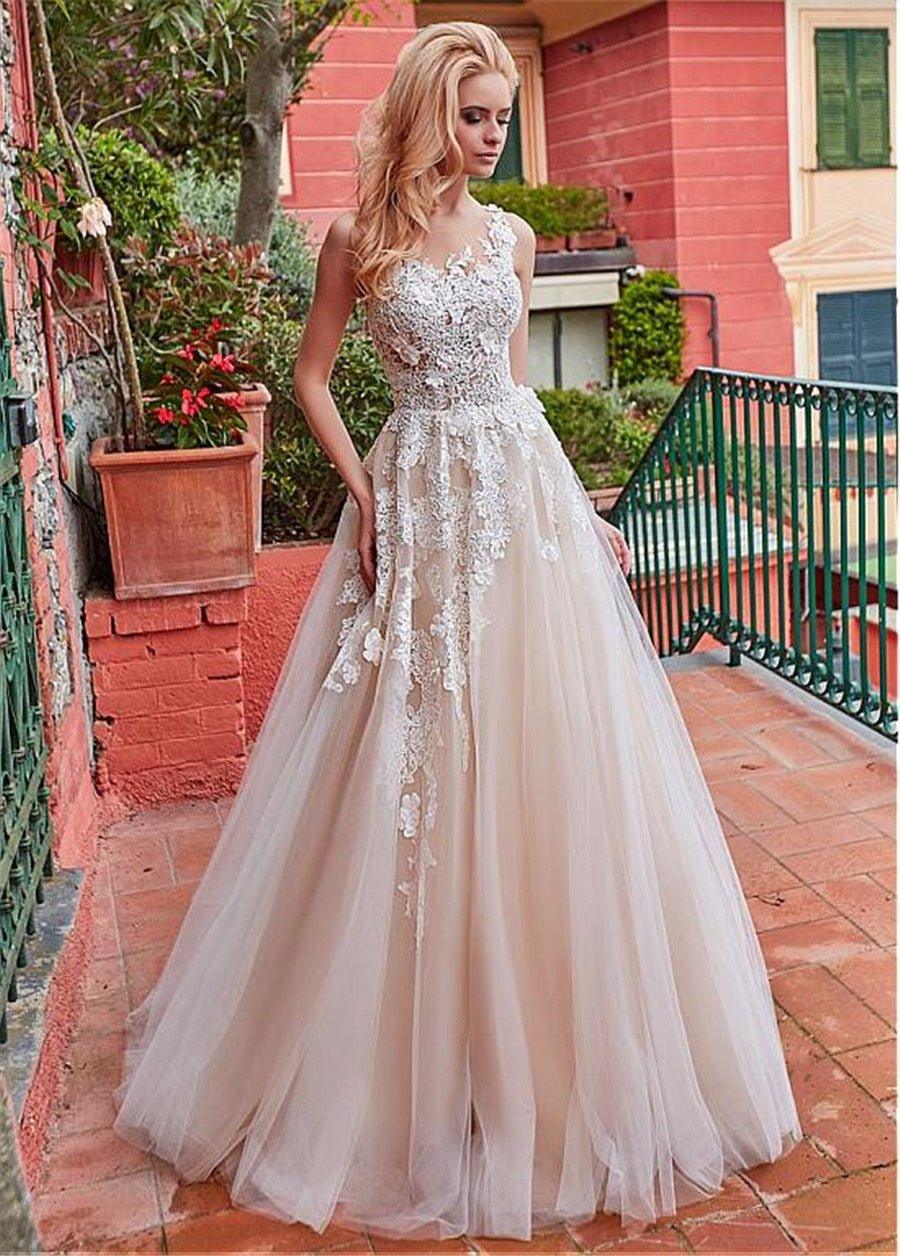 NumberSea Marvelous Tulle Jewel Neckline A-line Wedding Dress With Lace Appliques & 3D Flowers Champagne Bridal Gowns
