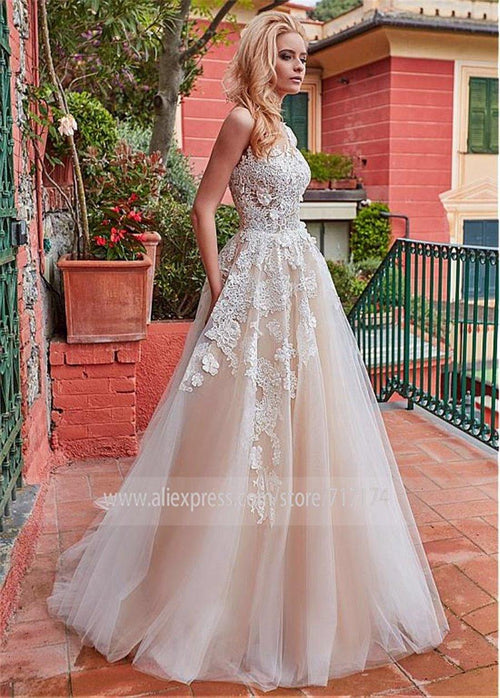 NumberSea Robe de mariée merveilleuse en tulle avec encolure ras du cou, coupe A, applications de dentelle et fleurs 3D, couleur champagne