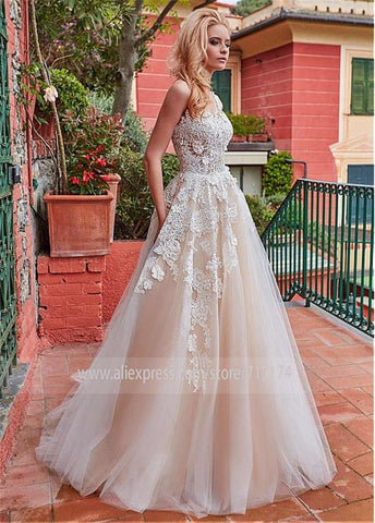 Maravilhoso vestido de noiva NumberSea, decote em A, tule, aplicações de renda e flores 3D, champanhe