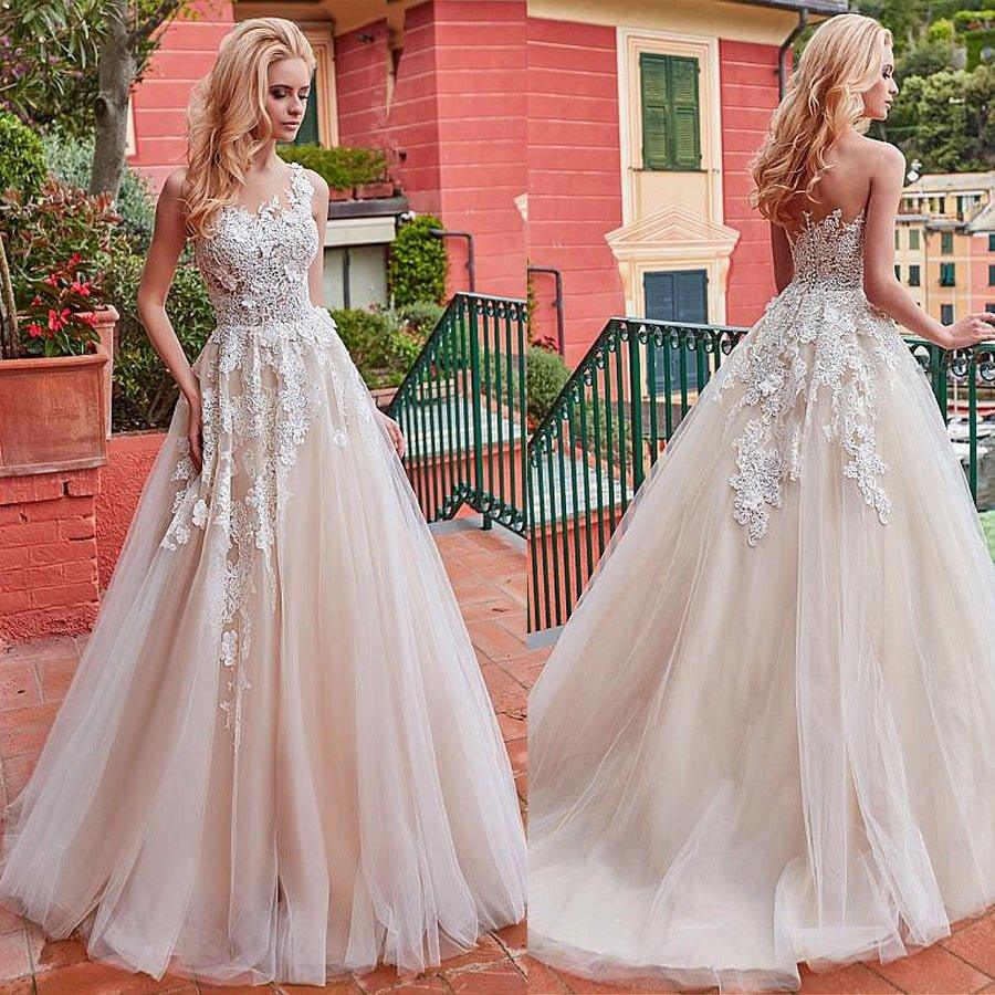 Maravilhoso vestido de noiva NumberSea, decote em A, tule, aplicações de renda e flores 3D, champanhe