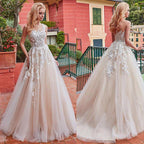 Maravilhoso vestido de noiva NumberSea, decote em A, tule, aplicações de renda e flores 3D, champanhe