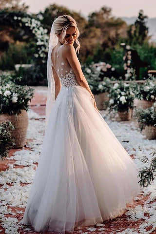 Maravilhosos vestidos de noiva em tule, decote em V e corte A, com flores, MW456