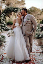 NumberSea Wunderschönes Tüll-Brautkleid mit V-Ausschnitt und Blumen, MW456