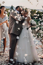 NumberSea Wunderschönes Tüll-Brautkleid mit V-Ausschnitt und Blumen, MW456