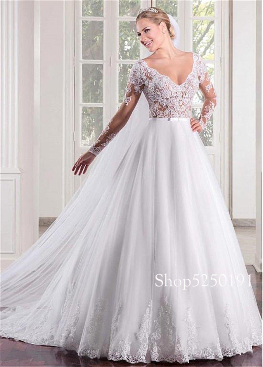 NumberSea Marvelous Tulle V-neck Neckline See-through Bodice A-line Wedding Dress Long Sleeves Illusion Back Bridal Gowns