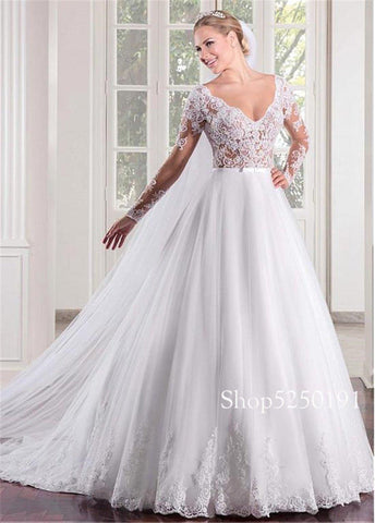 Vestido de noiva NumberSea Maravilhoso em tule, decote em V, corpete transparente, corte A, mangas compridas, costas ilusionistas