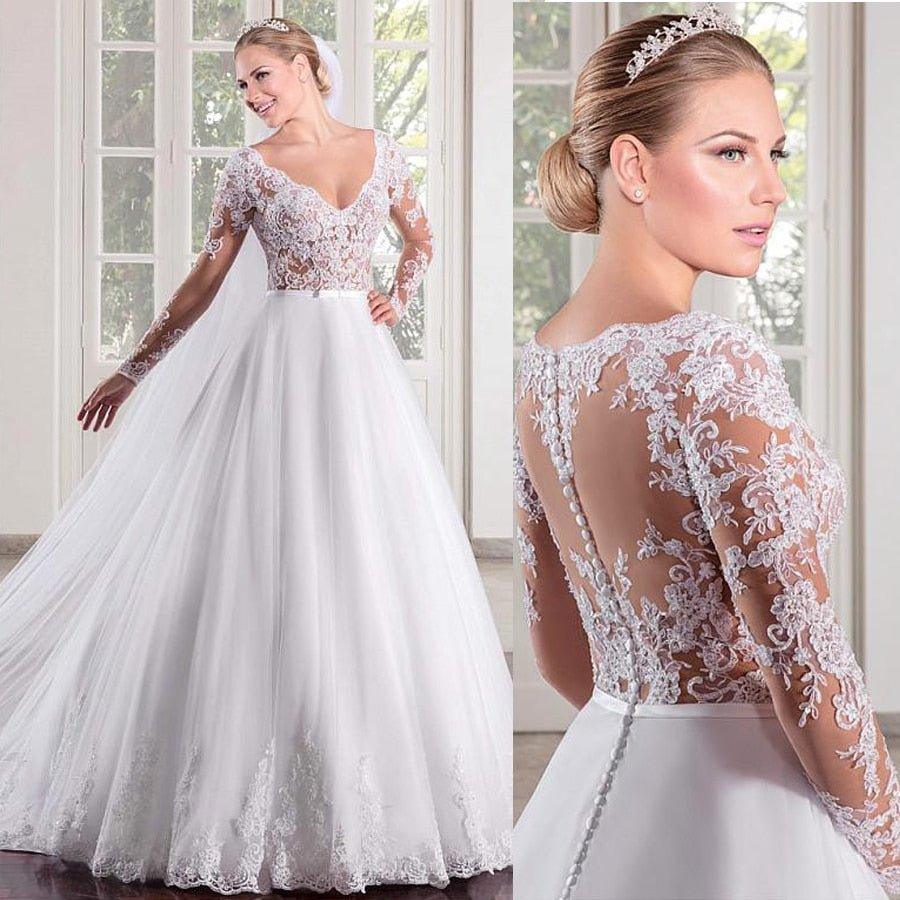 NumberSea Marvelous Tulle V-neck Neckline See-through Bodice A-line Wedding Dress Long Sleeves Illusion Back Bridal Gowns