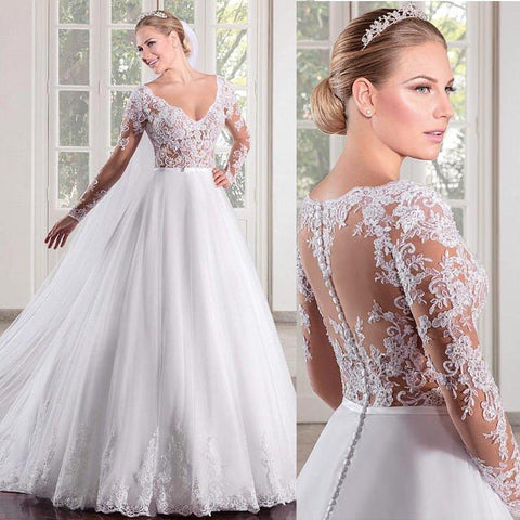 Vestido de noiva NumberSea Maravilhoso em tule, decote em V, corpete transparente, corte A, mangas compridas, costas ilusionistas