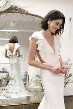 NumberSea Mermaid Backless Cap Sleeves V-neck Wedding Dresses with Ruffles, MW718