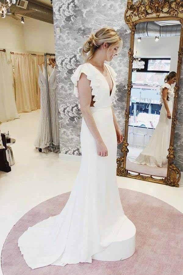 NumberSea Mermaid Backless Cap Sleeves V-neck Wedding Dresses with Ruffles, MW718