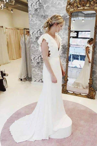 NumberSea Meerjungfrau-Brautkleid mit rückenfreiem, Flügelärmeln, V-Ausschnitt und Rüschen, MW718