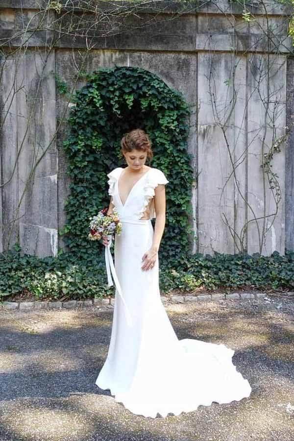 NumberSea Mermaid Backless Cap Sleeves V-neck Wedding Dresses with Ruffles, MW718